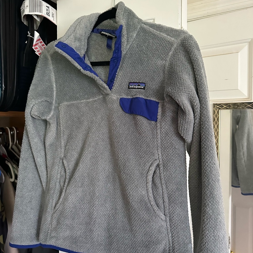 Patagonia Gray Sherpa Jacket with Purple Trim